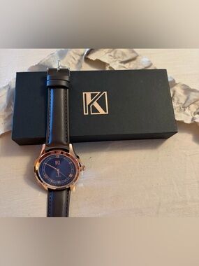 K-Men’s NWT Rose Rose Gold Case Navy Dial Brown Leather Strap Watch